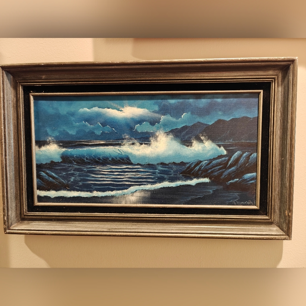 Painting Seascape Framed Signed N Morikawa Japanese Artist 1970s Vintage Surf